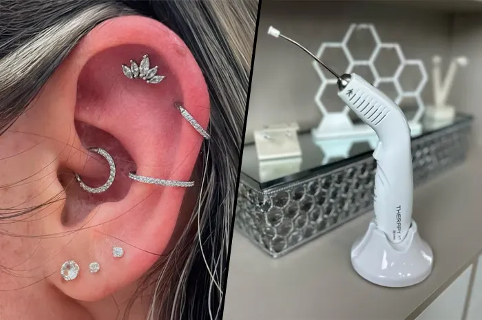 Piercing e equipamento de laserterapia apresentados pelo estúdio